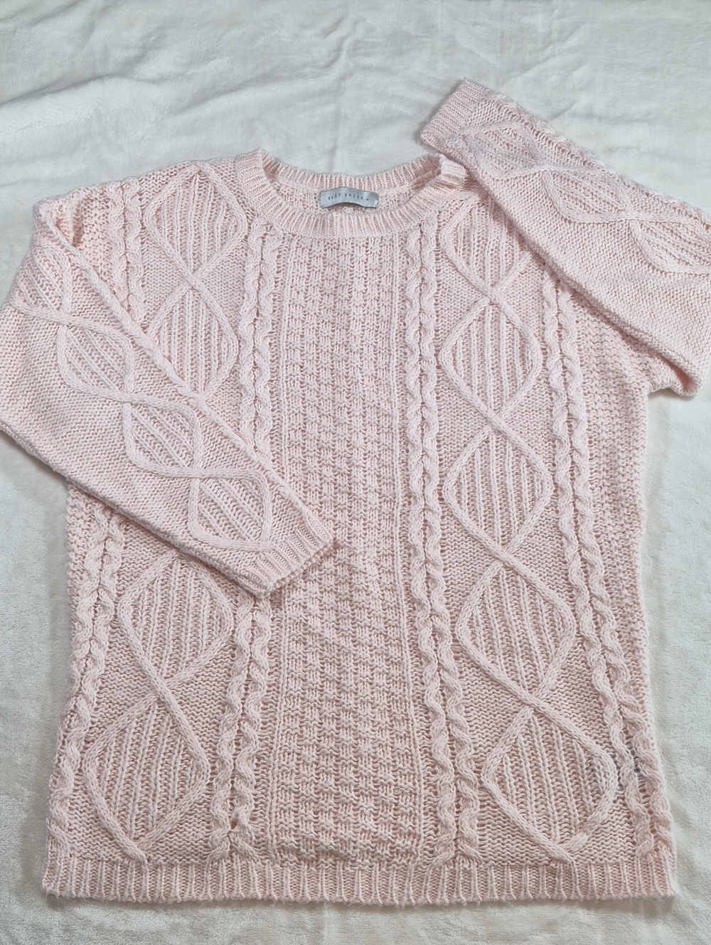 Suzy Shier Light Pink Cable Knit Crewneck Sweater